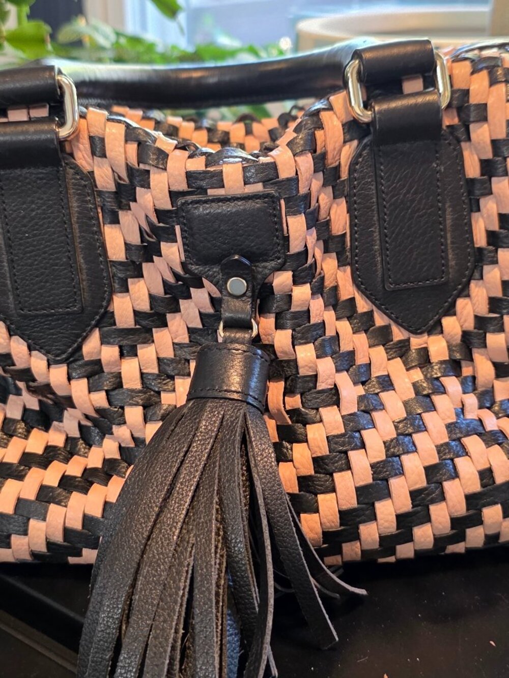 2019 modern classic Cole-Haan Skylar leather black/cream weave satchel bag with
